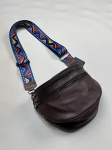 Threebox vintage brown PU leather sling bag with colorful strap, casual retro crossbody bag.