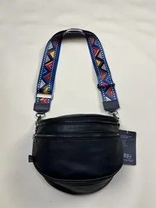 Stylish black leather men shoulder bag with colorful patterned wide strap for daily casual wear.