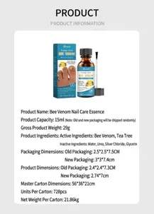 Detailed view of bee venom nail care essence bottle and packaging box with specifications.