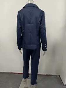 Back view of a classic navy blue slim fit women blazer and trousers suit with metallic cuff buttons.