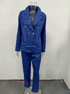 Royal blue double breasted blazer and pants set, elegant women suit for office work and casual wear.