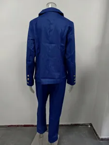 Back view of a dark blue women's suit jacket and pants set with slim fit and gold buttons.