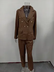 Women brown double breasted blazer and pants suit set casual business wear new