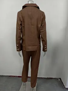 Back view details of women slim brown suit jacket and trousers, elegant professional style.