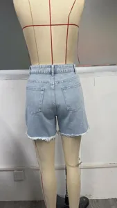 High waist denim shorts, casual raw hem straight leg shorts for women summer back view detail