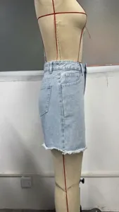 High-waist light blue denim shorts, casual raw hem design, stylish summer women's bottom.