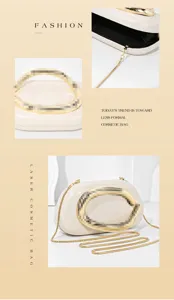 Clutch bag detail shot showing gold metal handle, chain strap, and elegant cream hard case design.