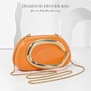 Elegant orange evening shoulder bag with luxury metal handle and gold chain strap.