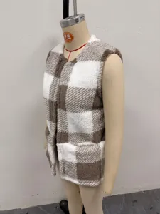 Women Brown White Checkered Fuzzy Fleece Vest Casual Open Front Sleeveless Outerwear