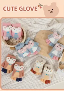 Detailed view of cute children knit half-finger flip gloves winter warm cute bear design.