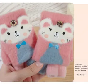 Children cute knit half-finger gloves winter warm cute cartoon bear mittens for kids