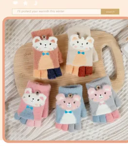 Cute children winter half-finger knit gloves with cute bear design warm and useful.