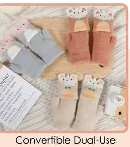 Kids winter knit convertible fingerless gloves cute cartoon bear warm student writing