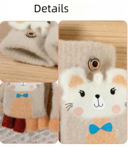 Children knit flip-top gloves detail close-up, featuring cute bear pattern and button.