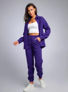 Purple corduroy shirt and sweatpants set detail view, casual loose fit outfit for women.