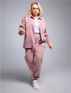 Plus size pink corduroy shirt and pants set casual loose vintage long sleeve two piece outfit