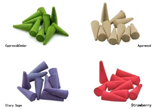 Natural aromatherapy incense cones for indoor fragrance and odor removal, various scents.