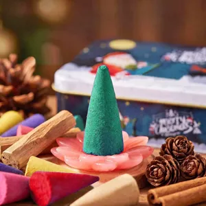 Natural cone incense set featuring green cone incense on a pink flower holder with spices.