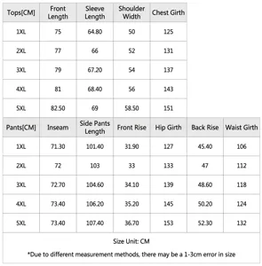 Size chart for men's business suit set, detailed measurements for jacket and trousers.
