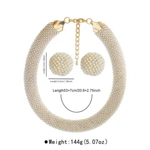 French vintage pearl rhinestone necklace earrings set with size details for women.