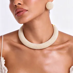 Elegant pearl necklace and matching stud earrings set for women, perfect for weddings and banquets.