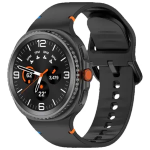 Black smart watch with round dial and silicone strap featuring stitching details main view.