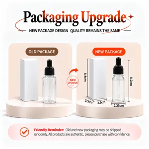 Clear glass dropper bottle with white packaging box, essential oil bottle packaging design detail view.