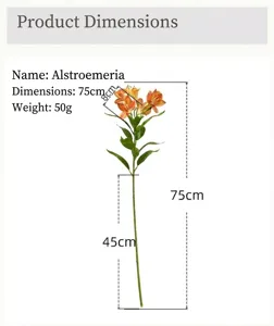 Artificial Alstroemeria flower size chart with 75cm height, 50g weight, and 8cm flower head.