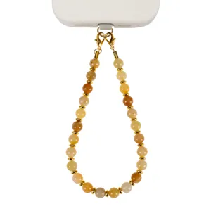 Cordino per cellulare con perle in pietra naturale da 8mm con moschettone dorato.