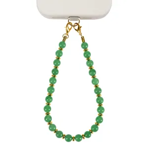 Dettaglio cordino telefono perle pietra naturale verde, laccetto polso agata giada 8mm ganci.