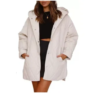 Close-up detail of the stylish quilted hooded winter coat with snap buttons and comfortable fit.