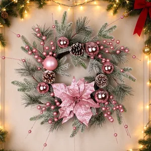Artificial Pink Christmas Wreath With Rattan Base Ornaments Pinecones Berries Poinsettia Holiday Party Hanging Decor