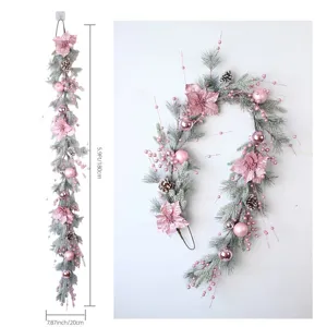 Pink Christmas garland with pine cones berries and poinsettia flowers for holiday decor 180cm