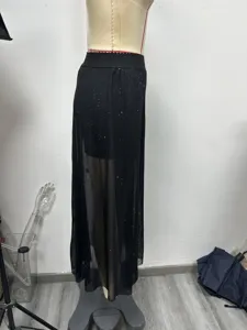Falda larga de malla de doble capa para mujer, cintura alta, falda maxi negra brillante
