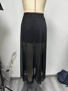 Falda larga negra de tul de doble capa, cintura alta elástica, falda maxi transparente con brillos
