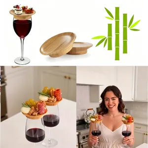 Natural Bamboo Wine Glass Charcuterie Topper Round Snack Tray Lid For Wine Glasses Party Appetizer Plate Coaster Accessory