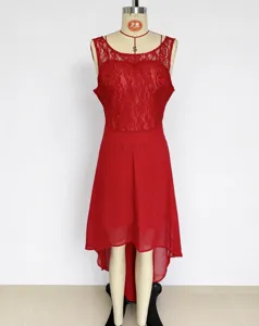 Red sleeveless lace high-low hem chiffon evening dress for women summer party wear.