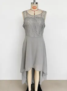 Elegant grey lace and chiffon high-low evening dress, sleeveless fitted waist party gown.