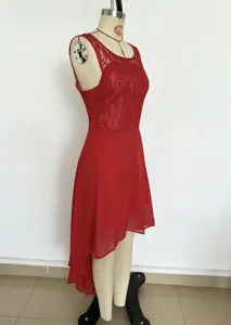 Women red lace chiffon high low party dress sleeveless elegant evening cocktail gown
