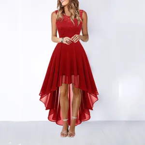 European and American spring summer lace high-low chiffon evening party midi dress red