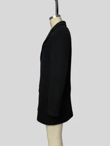 Detail view of men black wool blend coat side profile autumn winter classic outerwear piece