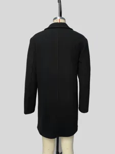 Back view detail of men's black wool overcoat showing tailoring and center seam design.