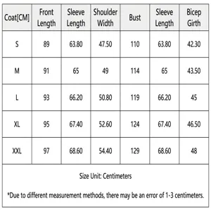 Size chart for men wool coat winter jacket featuring detailed measurements for S to XXL sizes.