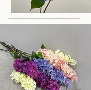 Detailed view of artificial lilac flowers, premium soft rubber floral decor for living room.