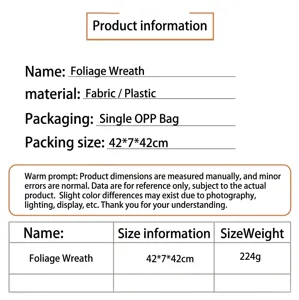 Daisy leaf floral wreath specification chart detailing dimensions, materials, and weight.