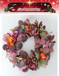 Autumn artificial flower hydrangea wreath detail view for home wall hanging decoration.