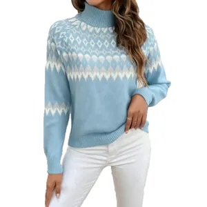 Women's Light Blue Turtleneck Fair Isle Jacquard Sweater Long Sleeve Casual Pullover