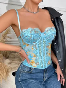 Light blue lace boned corset camisole top, stylish slim fit sleeveless sexy going out tank.