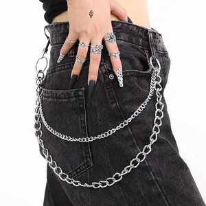 Punk silver metal pants chain double layer waist chain hip hop street style jeans chain accessory