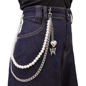 Punk style multi-layer pants chain featuring pearls, metal links, heart and butterfly pendants.